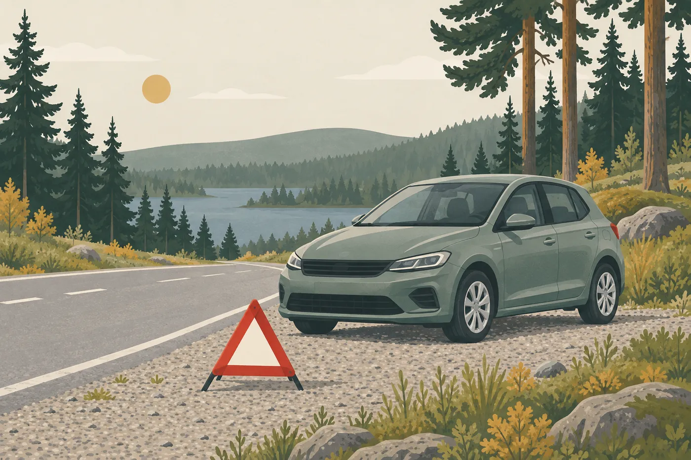 Illustration av en bil på vägrenen med utställd varningstriangel vid en skogsväg – bilbärgning i Rönninge