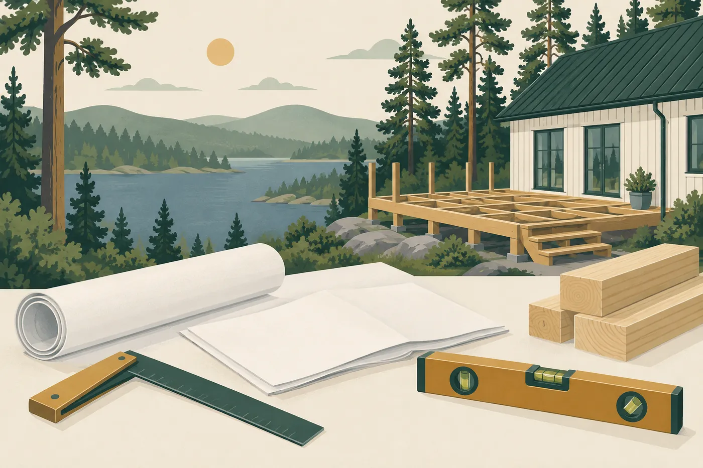 Illustration av ritningar, vinkelhake, vattenpass och virke framför ett trädäck under byggnation – byggfirma i Rönninge
