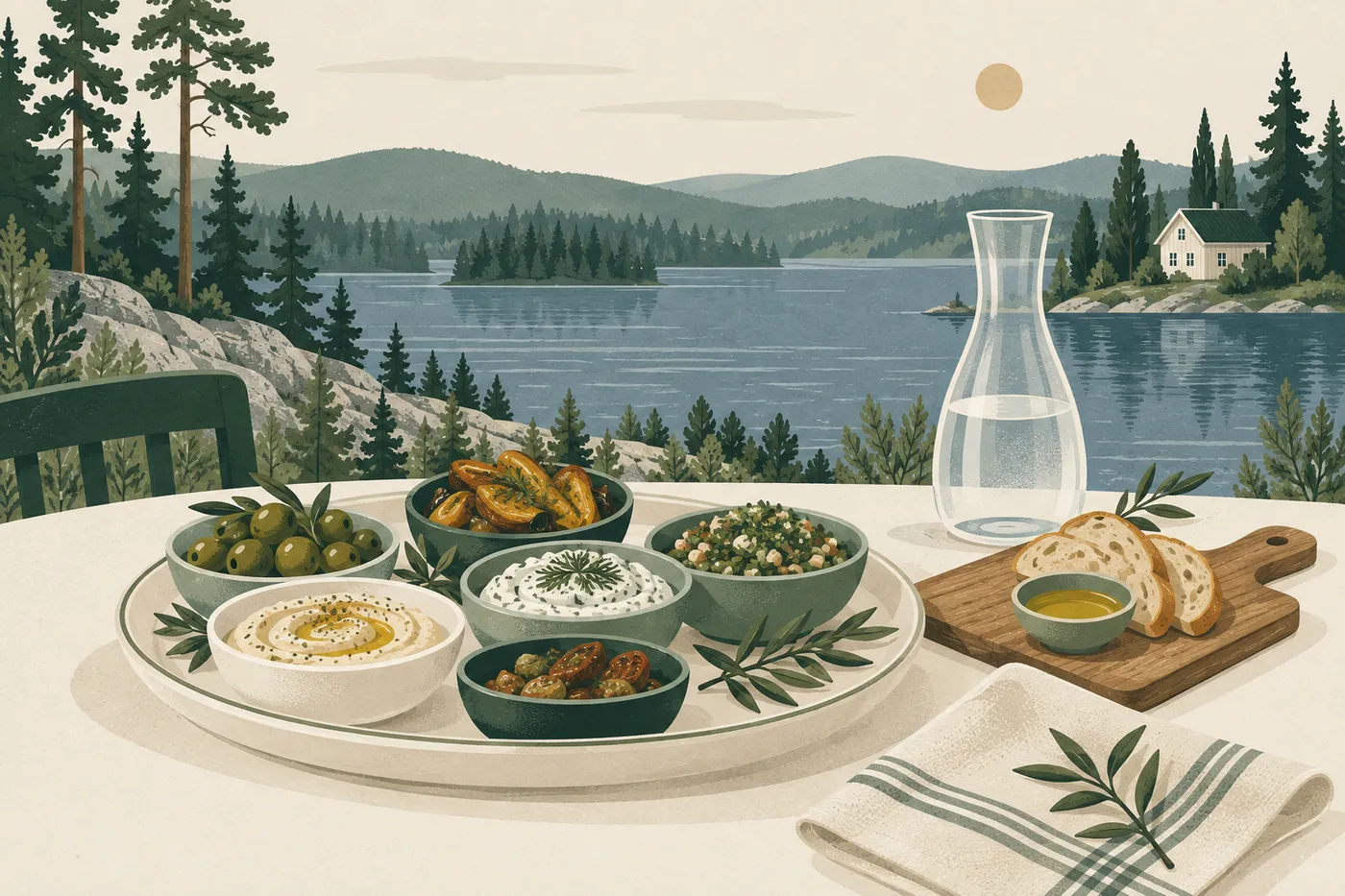 Illustration av ett serveringsfat med mezeskålar, träbricka och karaff framför ett sjölandskap – catering i Rönninge