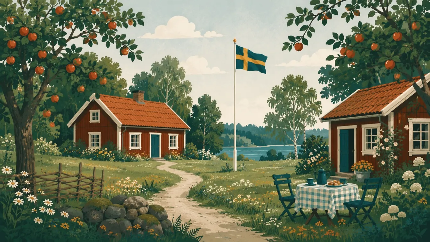 Illustration av en gammal bymiljö – Rönninge by i Täby