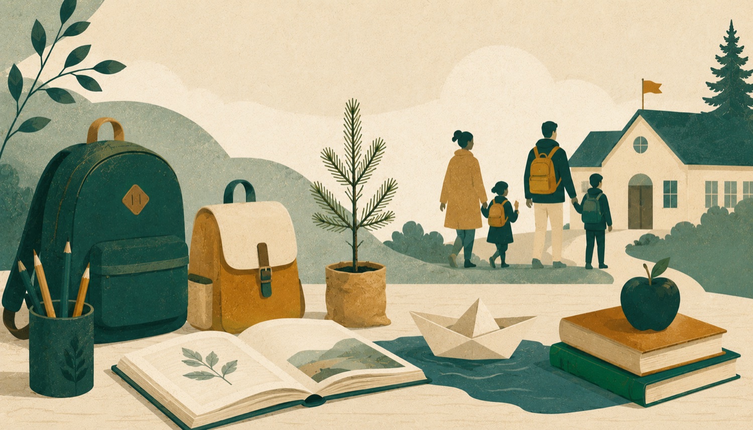 Illustration – skola och barnfamilj i Rönninge