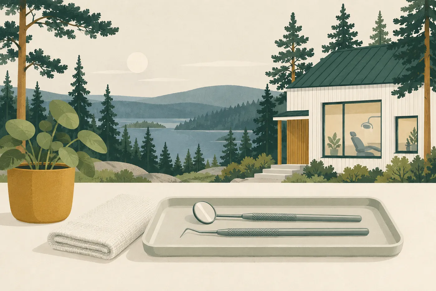 Illustration av tandvårdsinstrument på en bricka – tandläkare i Rönninge