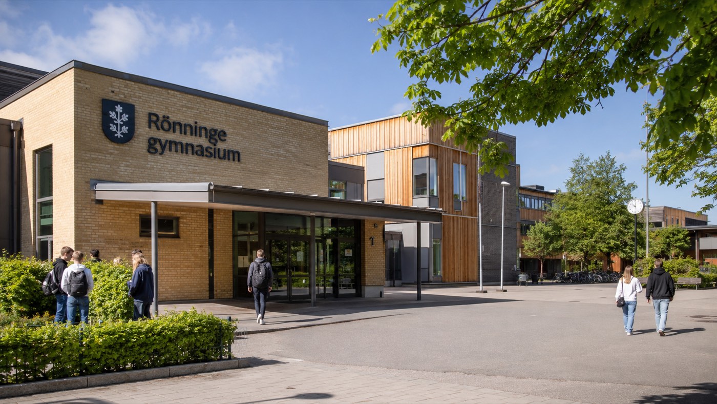 Rönninge gymnasium med Salems kommunvapen på fasaden