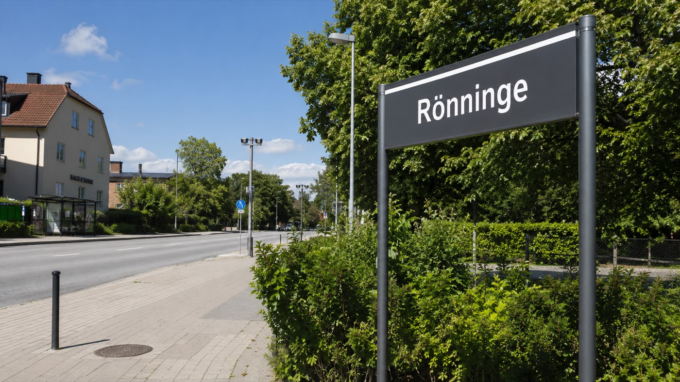 Ortsskylt med texten Rönninge vid en gata i Rönninge, Salems kommun