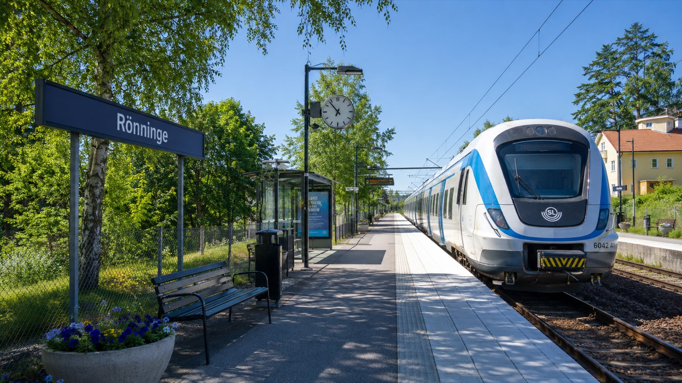 Pendeltåg vid Rönninge station med stationsskylten Rönninge en solig sommardag